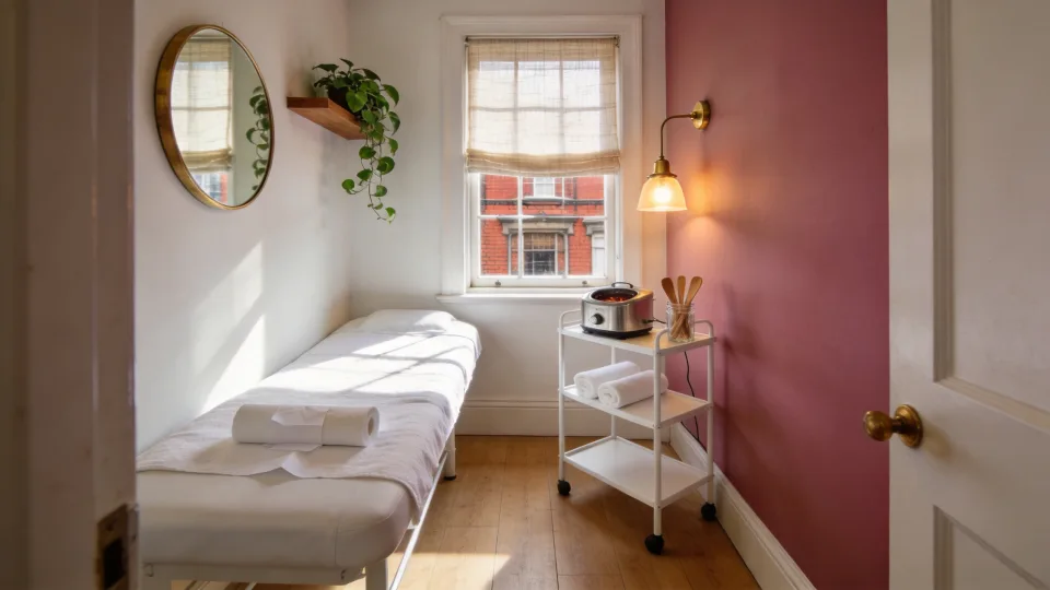 A treatment room at Bare Wax Studio — white couch, rose wall