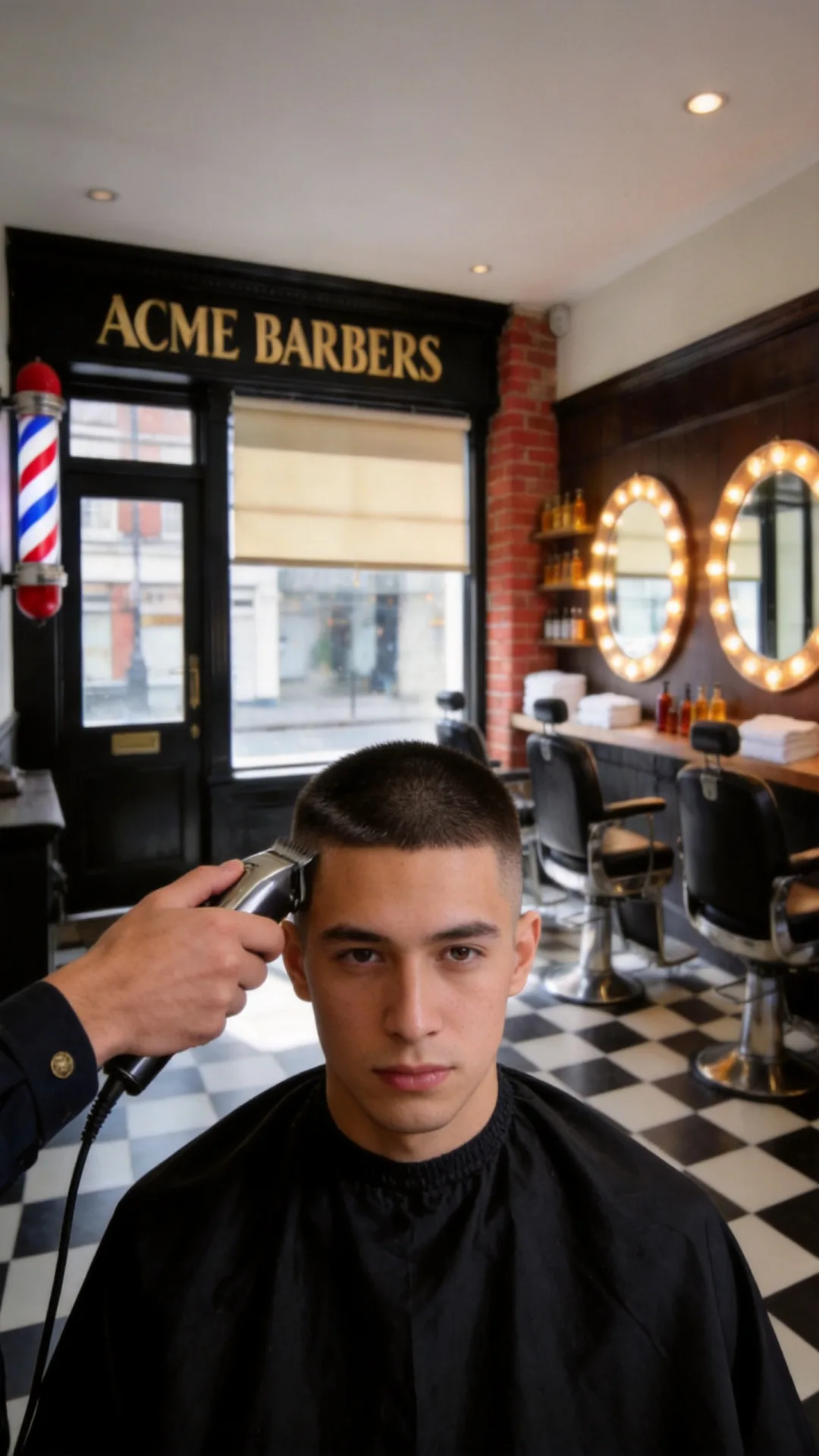 A uniform buzz cut in progress at Acme Barbers