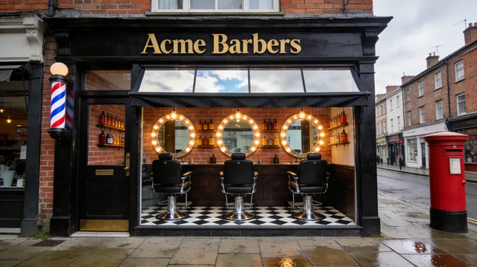 The Acme Barbers shopfront on the high street